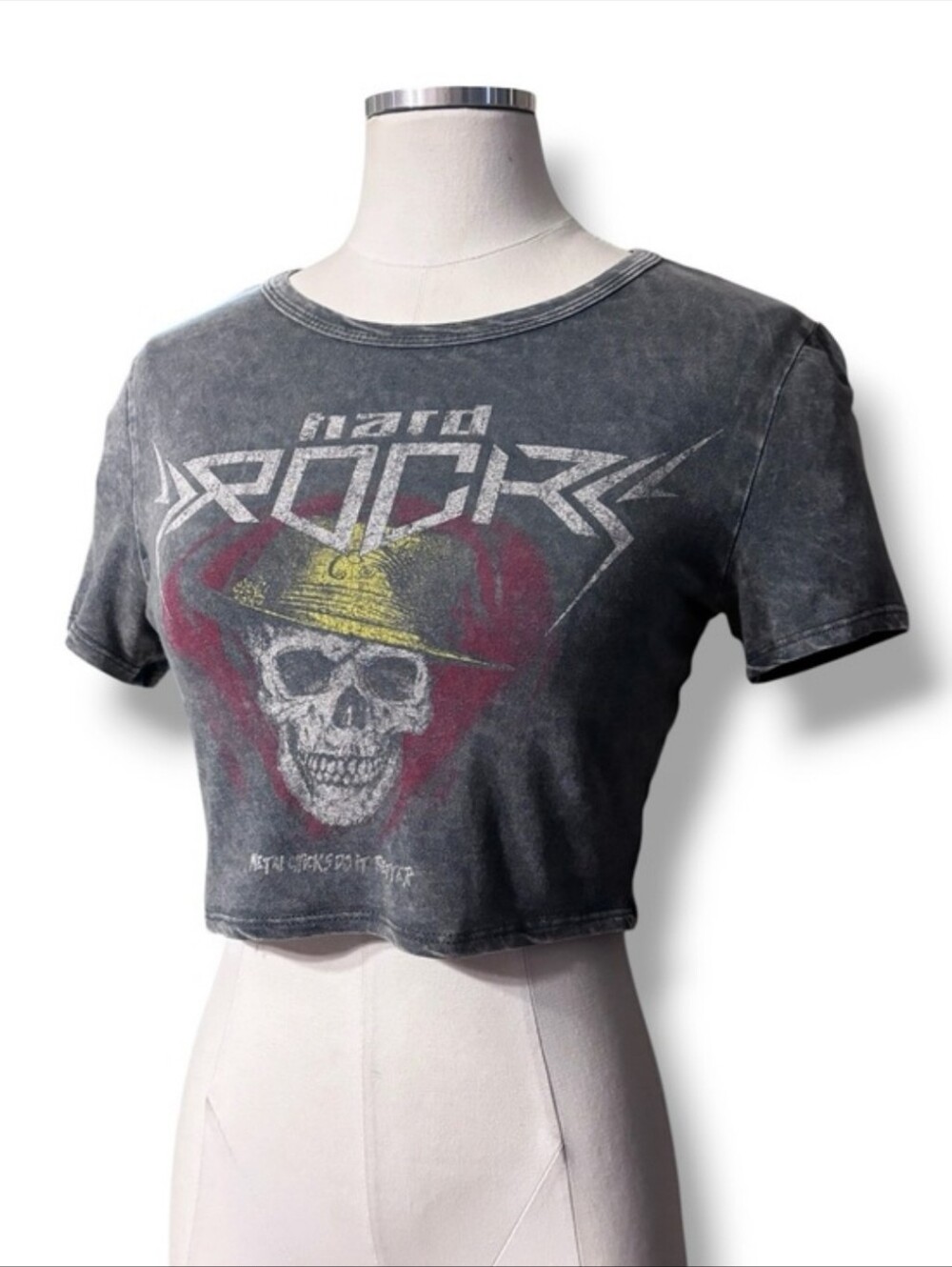 K. JEN Grey Acid Washed Low Crew Neck Cropped Top “Hard Rock” Skull Graphic
